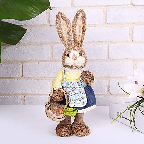 Easter Simulation Bunny Figurine Decorations, YeLuck Creative Standing Straw Rabbit with Carrot Basket, Home Table Garden Figurines Tabletopper Accessories Spring Decor,Easter Handmade Gifts