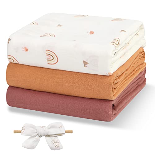 Papablic Muslin Swaddle Blankets, 3-Pack Soft Silky Swaddle Blankets for Boys and Girls, Bamboo & Cotton Receiving Blanket with 1 Hair Bows, Solid Color/Rainbows, Large 47 x 47 inches