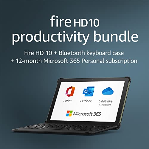 Fire HD 10 tablet, 64 GB, Olive + Bluetooth keyboard + 12-month Microsoft 365 Personal subscription for up to 5 compatible devices (auto-renews)