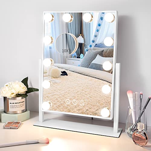 NUSVAN Vanity Mirror with Lights,Makeup Mirror with Lights,3 Color Lighting Modes Detachable 10X Magnification Mirror Touch Control,360°Rotation, White (14.6Inch)