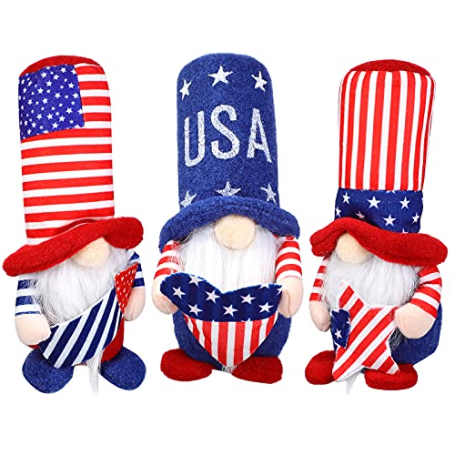 Charniol 3 Pieces Patriotic Gnome Plush Decoration Independence Day Gnome Standing Figurine for 4th of July Handmade Tomte Standing Figurine Decor (Top Hat)