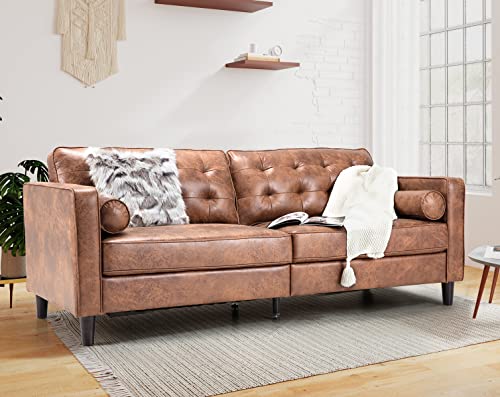 Esright 84.2”Mid-Century Sofa Couch,Tufted Synthetic Suede Fabric Modern Couch with 2 Bolster Pillows, Sofas Couches for Living Room,Apartment,Dorm & Office,Saddle Brown