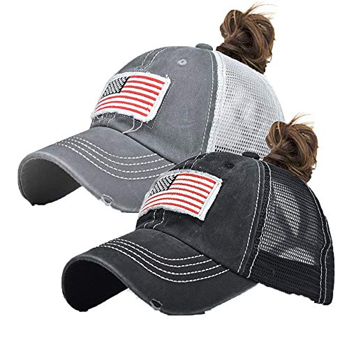 Distressed Ponytail Hat for Women American-Flag Pony Tail Caps High Bun (2Pcs Mesh America Flag (Black+Grey), Adjustable)