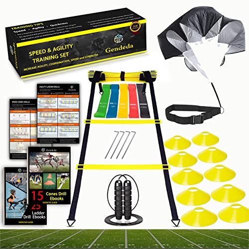 Gendeda Speed Agility Training Set, Includes Agility Ladder, Jump Rope, Resistance Parachute, 5 Resistance Bands, 10 Cones and Muscle Roller Stick, Speed Training Equipment for Soccer Football