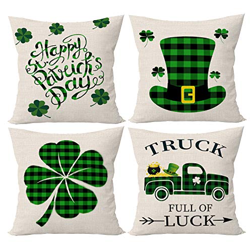 SIBOSUN St Patricks Day Pillow Covers 18×18 Inch Set of 4 Clover Black and Green Buffalo Plaid Shamrock Decorative Throw Pillowcase Lucky Clovers Linen Cushion Case for Home Couch Sofa Decorations