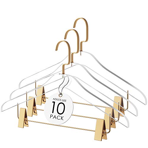 Elavain Acrylic Clip Hanger | Sleek, Modern Skirt Hanger with Gold Hook | High End Closest Organizer Space Saving Hangers for Skirts, Jeans, Pants & More | 10 Pack