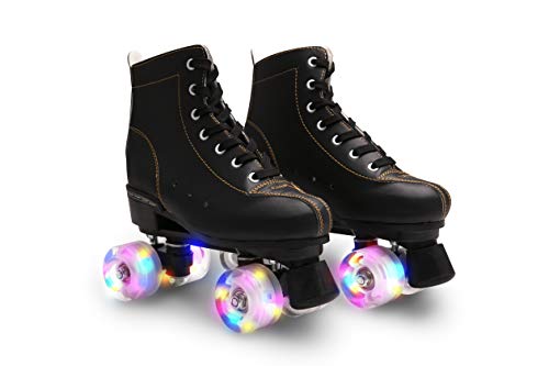 LENI Women’s Roller Skates, Shiny Quad Rink Skates Adjustable PU Leather High-top Roller Skates for Indoor Outdoor Adult Roller Skates, Unisex (Black Flash Wheel, 39-US: 7.5)