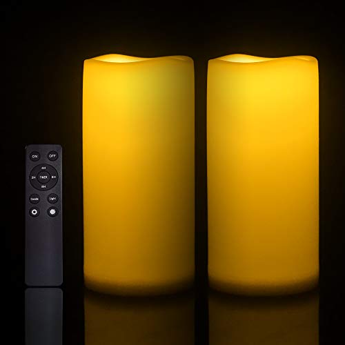 Waterproof Outdoor Flameless Candles with Remote, Set of 2, Large 4” x 8” Battery Operated Electric LED Pillar Candle Set for Home Décor Party Wedding Supplies Garden Christmas Decoration Gift