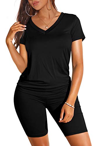 WIHOLL Summer Outfits for Women Short Sleeve 2 Piece Set Plain Tops Black M