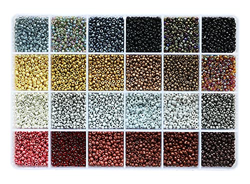 VOOMOLOVE About 7200pcs 3mm 8/0 Glass Seed Beads 24 Colors Loose Beads Kit Bracelet Beads with 24-Grid Plastic Storage Box for Jewelry Making