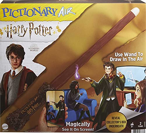 Pictionary Air Harry Potter Family Drawing Game, Wand Pen, 112 Double-Sided Clue Cards with Picture Bonus Clues, Trunk Card Holder, Collector Package. Gift for for 8 Year Olds & Up
