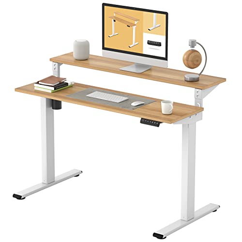 FLEXISPOT EF1 2 Tier Standing Desk 48 in Electric Height Adjustable Computer Gaming Desk with Adjustable Shelf Dual Tier Stand Up Desk Memory Controller (White Frame + Natural Top)