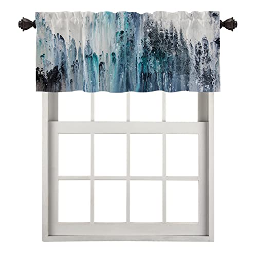 BaoNews Blue and White Splash Ink Kitchen Valances for Windows,Modern Black Grey Running Water Blackout Valances Curtains Multilayer Polyester Drapes for Kitchen Bedroom 1 Pack 52X18 Inches