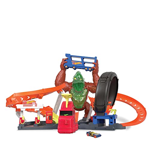 Hot Wheels Toxic Gorilla Slam Gas Station & Tire Repair Shop Playset with Adjustable Launcher, Lights & Sounds & 1 1:64 Scale Car, Connects to Other Track Sets, Gift for Kids 5 Years Old & Up