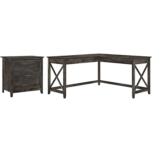 Bush Furniture Key West L Shaped Desk with 2 Drawer Mobile File Cabinet, 60W, Dark Gray Hickory