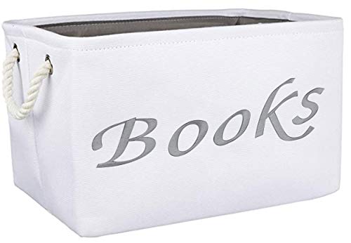 Embroidered Tote Bin – Storage Basket for Nursery – Large Storage Box – Organizing Bedroom, Closet, Classroom (White Book Basket)