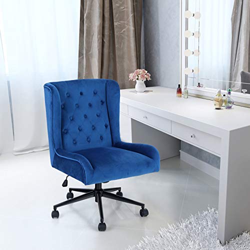 PHI VILLA Tufted Velvet Fabric Office Chair with High Back,Modern Adjustable Swivel Chair with Arms,Accent Home Task Chair with Soft Seat,Blue