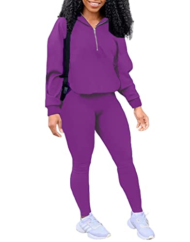 HAIJUN Women’s Solid Sweatsuit Set 2 Piece Long Sleeve Pullover and Waistband Sweatpants Sport Outfits Sets, Purple X-Large
