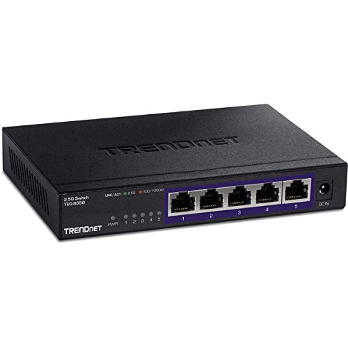 TRENDnet 5-Port Unmanaged 2.5G Switch, 5 x 2.5GBASE-T Ports, 25Gbps Switching Capacity, Backwards Compatible with 10-100-1000Mbps Devices, Fanless, Wall Mountable, Black, (TEG-S350)