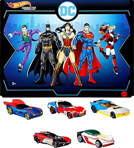 Hot Wheels DC Character Cars 5-Pack of 1:64 Scale Collectible Vehicles Themed to Superman, Batman, Wonder Woman, The Joker GT and Harley Quinn, Gift for Collectors & Kids [Amazon Exclusive]