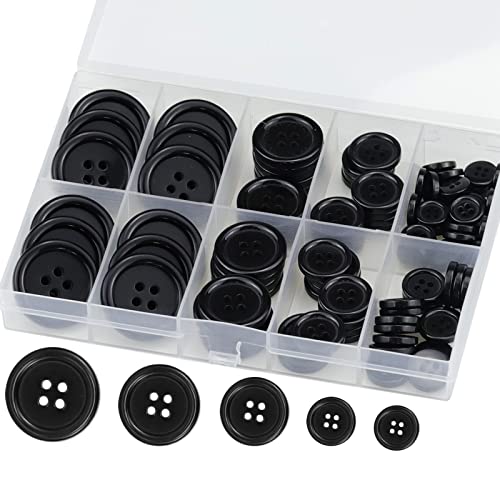 Premium 100 Pcs Resin Sewing Buttons, Eco-Friendly 4-Hole Craft Buttons, 5 Sizes of Black Round Mixed Buttons Suitable for Sewing, DIY and Holiday Decoration