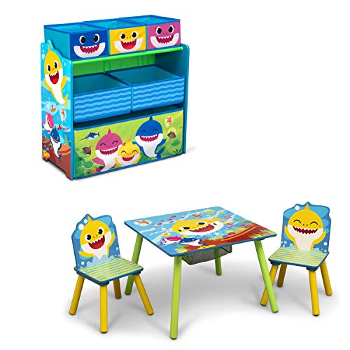 Baby Shark Kids Table and Chair Set with Storage (2 Chairs Included) Plus Design & Store 6 Bin Toy Storage Organizer – Ideal for Arts & Crafts, Homeschooling, Homework & More by Delta Children