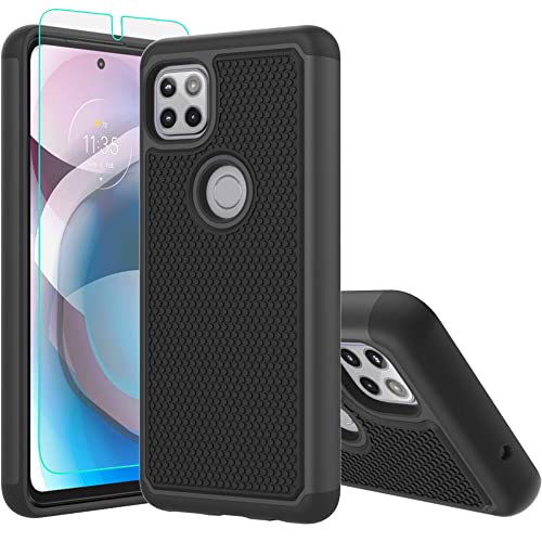 Yuanming Compatible with Moto 5G Ace Case,with HD Screen Protector, Hybrid Dual Layer TPU & Hard Back Cover Bumper Protective Case Cover for Motorola Moto One 5G Ace (Black Armor)