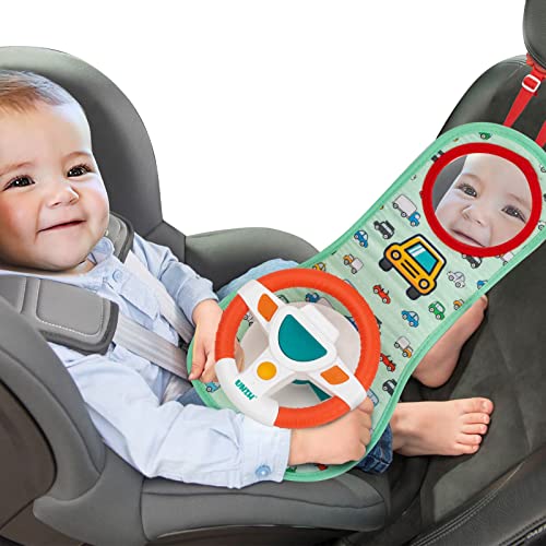 UNIH Baby Car Seat Toys for Infants with Mirror, Carseat Toys Steering Wheel with Music Lights and Driving Sounds, Car Seat Toy for Infants Babies 6 to 12 Months