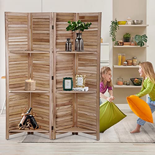 4 Panel Room Divider Folding Privacy Wooden Screen With Three Clever Shelf Portable Partition Screen Screen Wood for Home Office, Flexible panel & easy to storage Best Home Foldable Screen, Natural
