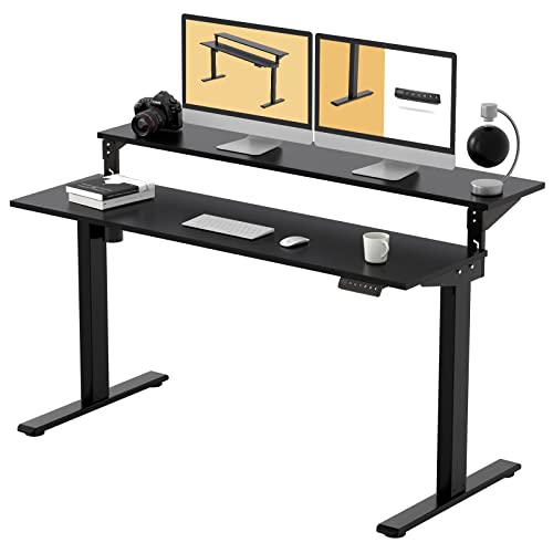 FLEXISPOT EF1 2 Tier Standing Desk 55×28 Gaming Desk Electric Height Adjustable Computer Game Desk with Adjustable Shelf Dual Tier Stand Up Desk Memory Controller (Black Frame + Black Top)