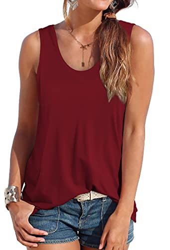 Womens Tank Tops Loose Fit Plain Sleevless Round Neck Summer Tops Wine L