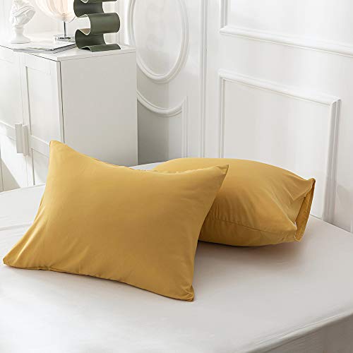 CLOTHKNOW Mustard Yellow Pillow Cases Standard Size Yellow Pillowcases Solid Color Yellow Bed Pillow Cover Envelop Closure Pillow Case Set of 2