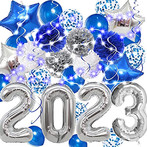 2023 Graduation Decorations Silver and Blue – 40 Inch Silver 2023 balloons, Blue Silver Paper Pompoms Blue Confetti Balloons, Star Balloons and LED Lights for Graduation Party Class of 2023 Party Decorations