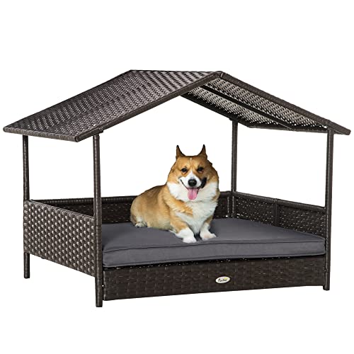 PawHut Wicker Dog House Elevated Raised Rattan Bed for Indoor/Outdoor with Removable Cushion Lounge, Grey