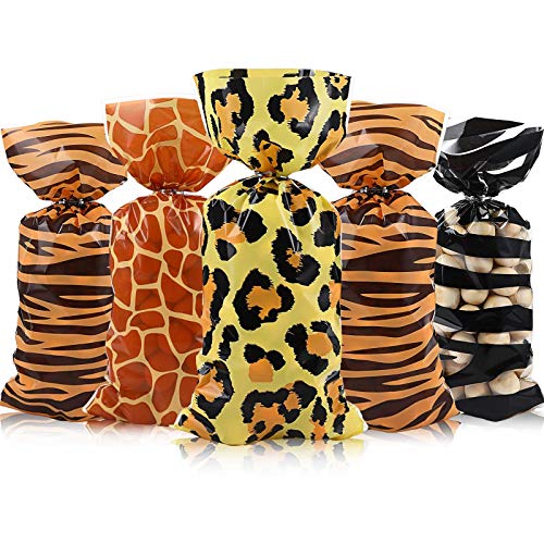 120 Pieces Jungle Animal Treat Bags, Wild Giraffe Cheetah Zebra Tiger Print Cellophane Plastic Candy Bags Goodie Favor Bags with 100 Silver Twist Ties for Jungle Safari Zoo Birthday Party Supplies