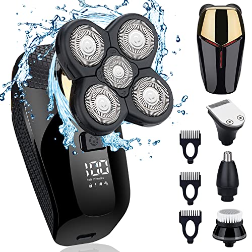 HONTEC 4 in1 Electric Head Shaver Bald Shaver Set Wet Dry Cordless Shaver for Men with Clippers Nose & Ear Trimmer Facial Cleansing Rechargeable Razors IPX6 Waterproof