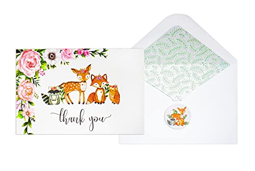 50 Pack Watercolor Girl Woodland Greenery Thank You Cards, Cute Thank You Notes with Envelopes & Stickers, Baby Shower, Birthday any Occasion Large Size 4×6 Animal Fox Raccoon Deer Owl Gratitude For Party, Children Stationery