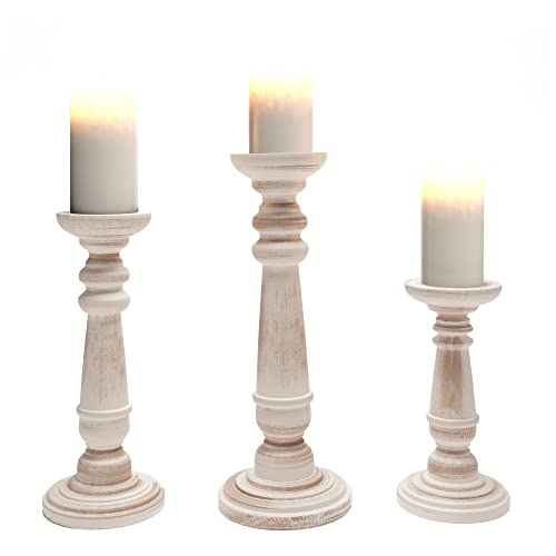 Barnyard Designs Rustic Pillar Candle Holder Stands, Tall Wood Candlestick Centerpieces for Table or Living Room Decor, White, Set of 3, (14″, 11.5″, and 9″ Tall)