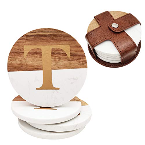 Wood and Marble Coasters with Leather Holder ，4Pcs White Coaster with Gold Initials for Office and Home Use, Perfect Monogram Gifting or Collecting, Capital Letter T