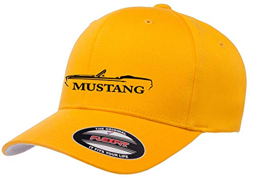 1967 1968 Ford Mustang Convertible Outline Design Flexfit 6277 Athletic Baseball Fitted Hat Cap Gold S/M