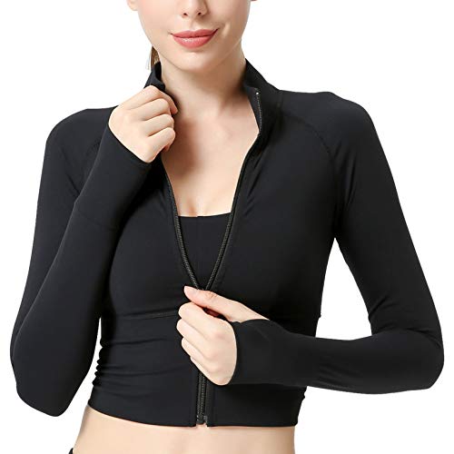 Zip Up Yoga Top Sports Jacket for Women Yoga Cropped Workout Top Cardigan Long Sleeve Set Turtleneck Fitted Athletic Activewear Black