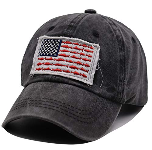 OASCUVER American Fish Flag Hat, Distressed Cotton Adjustable Embroidery Baseball Cap for Men Women Black