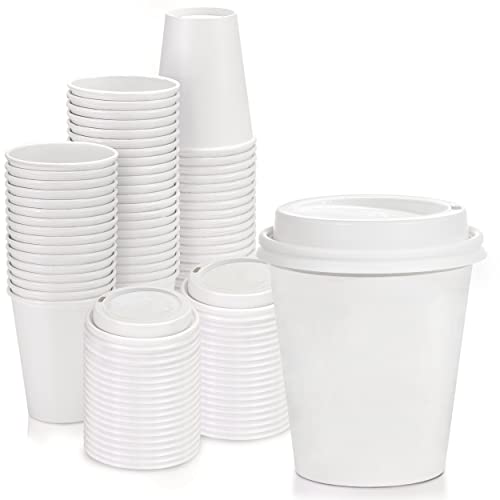 [100 Pack] 8 Oz Disposable White Paper Cups with White Lids – On the Go Hot and Cold Beverage All-Purpose Sampling Portion Cup for Coffee, Espresso, Cortado, Water, Juice and Tea, Food Grade Safe