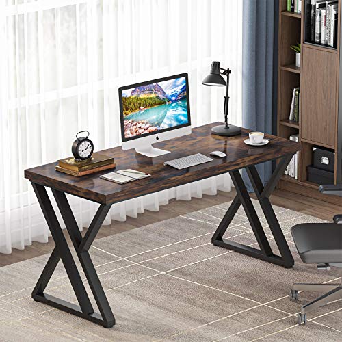 Tribesigns Writing Computer Desk, 55 inch Heavy Duty Study Desk with Z-Shaped Metal Leg, Modern Simple Home Office Computer Desk, Rustic Brown