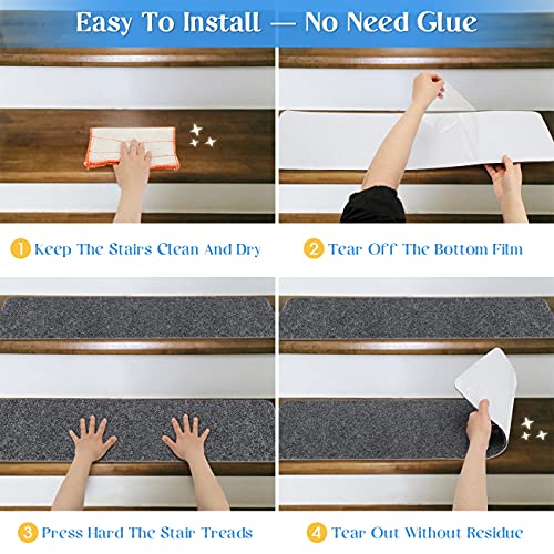 RIOLAND Non-Slip Stair Treads Carpet Indoor 14 Pack Stair Rugs for Wooden Steps Anti Moving Stair Runners Safety for Dogs Elders and Kids, 8” x 30”, Grey White | The Storepaperoomates Retail Market - Fast Affordable Shopping