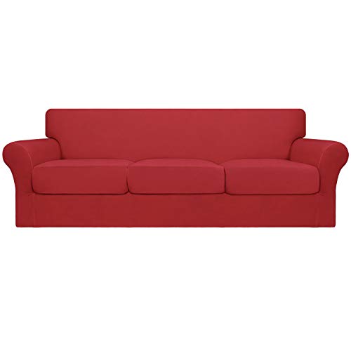 Easy-Going 4 Pieces Oversized Stretch Soft Couch Cover for Dogs – Washable Sofa Slipcover for 3 Separate Cushion Couch – Elastic Furniture Protector for Pets, Kids Christmas Red