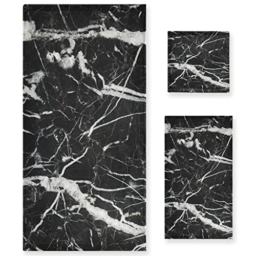 Naanle Black and White Marble Towel 3 Piece Set Bath Towels Set for Bathroom Highly Absorbent Cotton, 1 Large Bath Towel+ 1 Hand Towel+ 1 Washcloth, Pack of 3 Softness Towels for Decoration