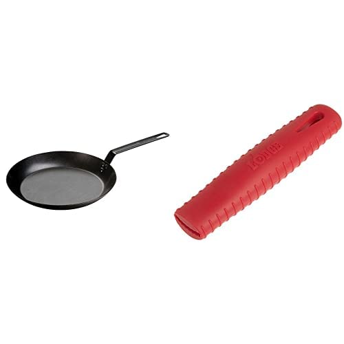 Lodge CRS12 Carbon Steel Skillet, Pre-Seasoned, 12-inch & ASCRHH41 Silicone Hot Handle Holders for Carbon Steel Pans, Red