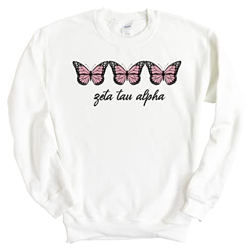Zeta Tau Alpha Sweatshirt – Zeta (ZTA) Three Butterflies Crewneck Sweatshirt- Sorority Big Little Gift Idea White