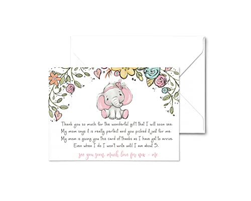 Cottage Elephant Baby Shower Thank You Cards (25 Pack) Prefilled Note from Girl – Individual Floral Notecards with Envelopes – Thanks for Babies Registry Gifts – Rustic Theme Pink – 4×6 Blank Set